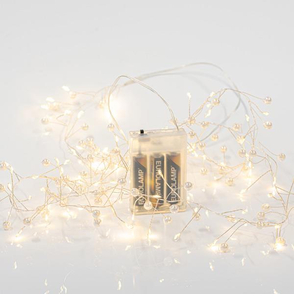 CLUSTER 2m, 120 MINI LED, ΠΕΡΛΕΣ, ΜΠΑΤΑΡΙΑΣ 3xAA, ΑΣΗΜΙ ΧΑΛΚΙΝΟ ΚΑΛΩΔΙΟ, ΘΕΡΜΟ ΛΕΥΚΟ LED, ΠΡΟΕΚΤΑΣΗ ΠΑΡΟΧΗΣ 50cm, IP20
